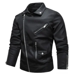 Schwarze Gothic-Lederjacke mit asymmetrischem Reißverschluss und funktionalen Ärmels-Reißverschlüssen Frontansicht Studio-Aufnahme