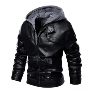 Schwarze glänzende PU-Leder-Gothic-Moto-Jacke mit abnehmbarer grauer Fleece-Kapuze und Reißverschlussverschluss, Frontansicht Studio