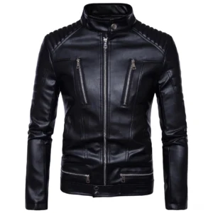 Schwarze Gothic-Punk Biker Jacke Frontalansicht mit gesteppten Schultern und mehreren silbernen Metallreißverschlüssen aus Kunstleder