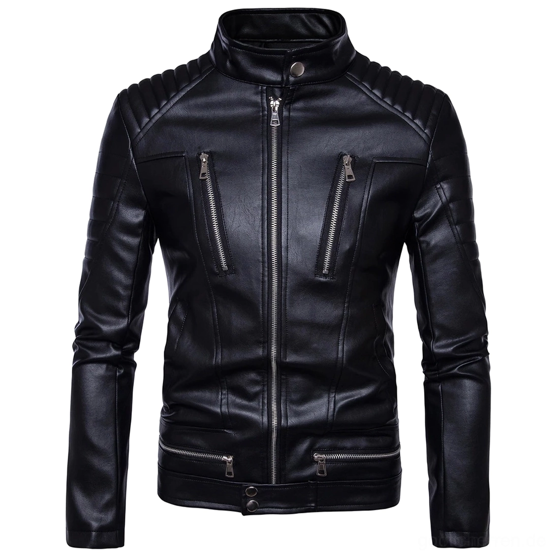 Schwarze Gothic-Punk Biker Jacke Frontalansicht mit gesteppten Schultern und mehreren silbernen Metallreißverschlüssen aus Kunstleder