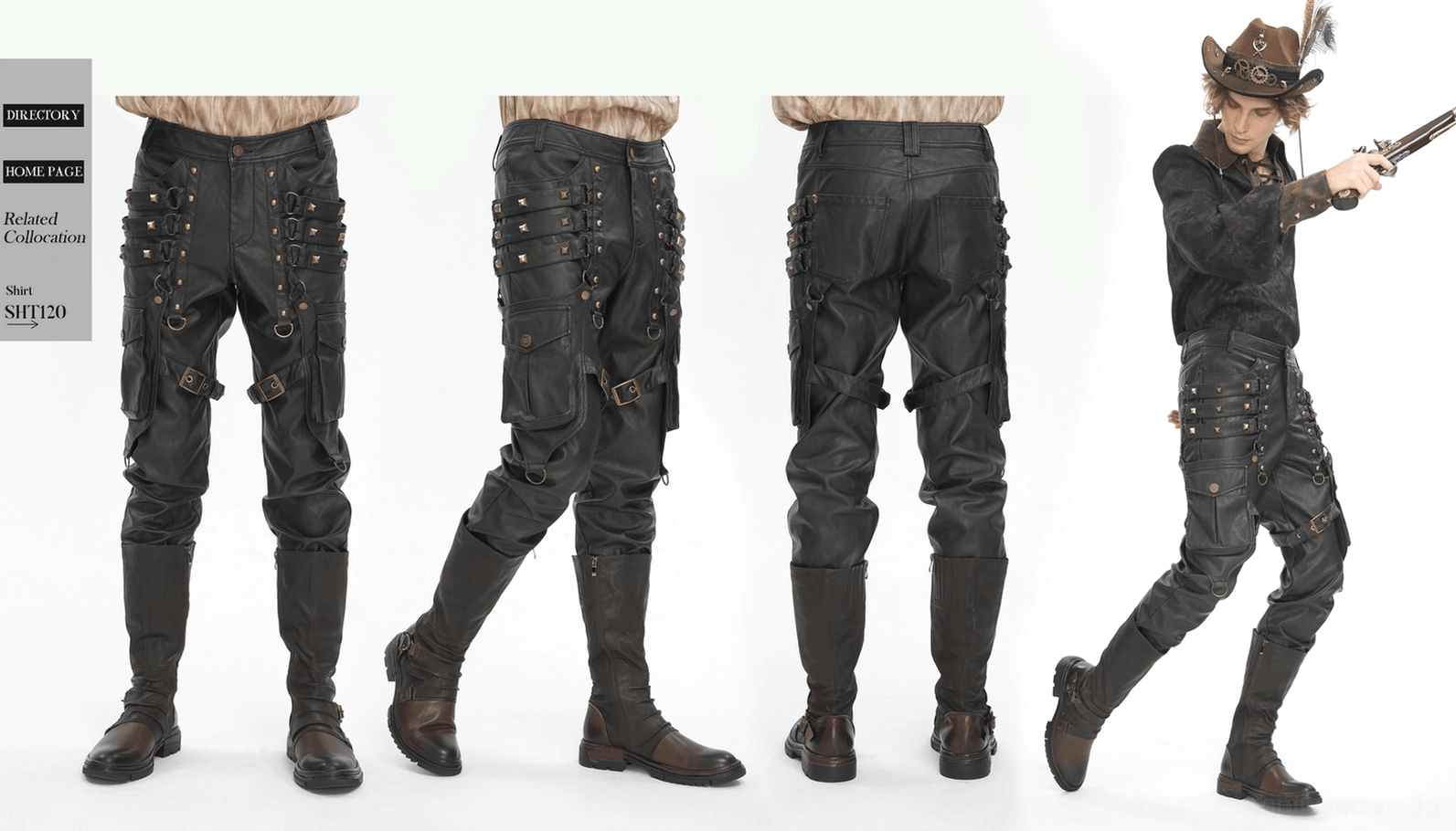 Oberschenkel-Riemen- und Cargotasche-System schwarzer Gothic-Punk-Kunstleder-Herrencargohose mit allen Hardware- und Riemen-Details sichtbar