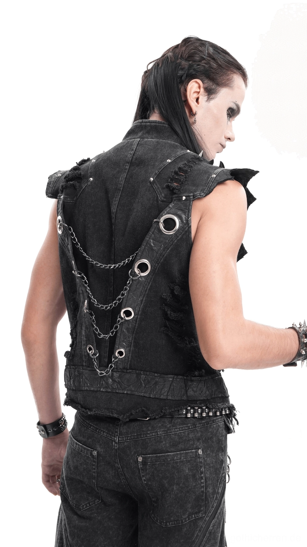 Schwarze Gothic-Punk-Denim-Weste Frontverschlusssystem mit Metallreißverschluss und Nieten-Details im Close-up
