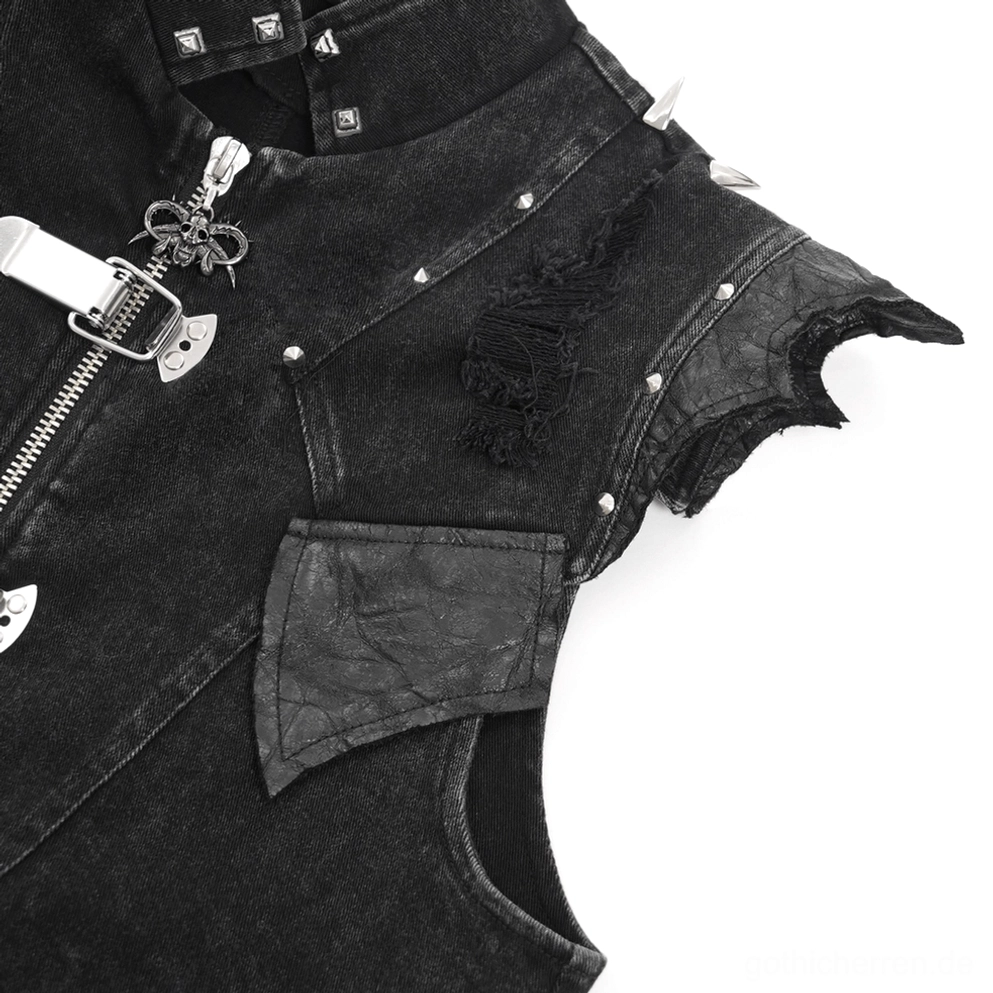 Schwarze Gothic-Punk-Denim-Weste mit voller Metallreißverschluss-Hardware und Kettenverkleidungen in industriellem Stil