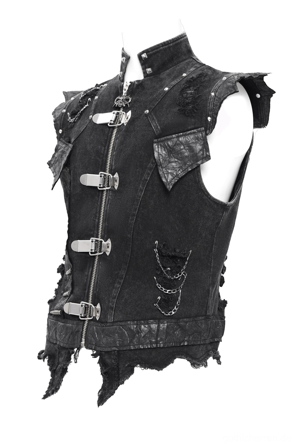 Rechte Seitenprofilansicht der schwarzen Gothic-Punk-Denim-Weste mit asymmetrischem ausgefranstem Saum und Kettenakzent-Details