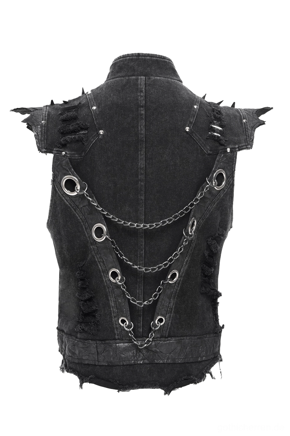 Vollständige Rückansicht der schwarzen Gothic-Punk-Denim-Weste mit mehrschichtiger Kettendekorationen und gespitzten Schulter-Nieten