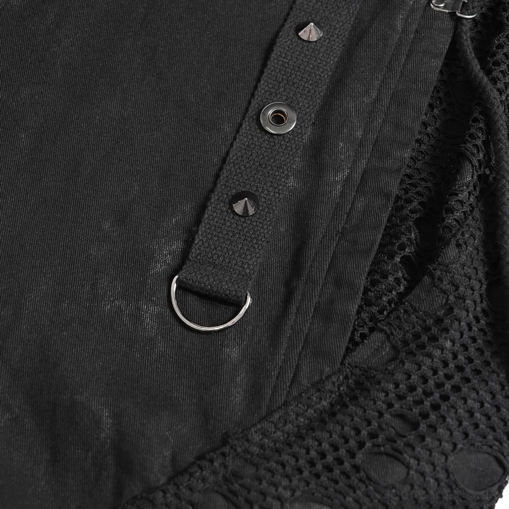 Schwarze Gothic Punk Hose Beinöffnung und Mesh-Panel-Detail mit distressed Bündchen-Textur