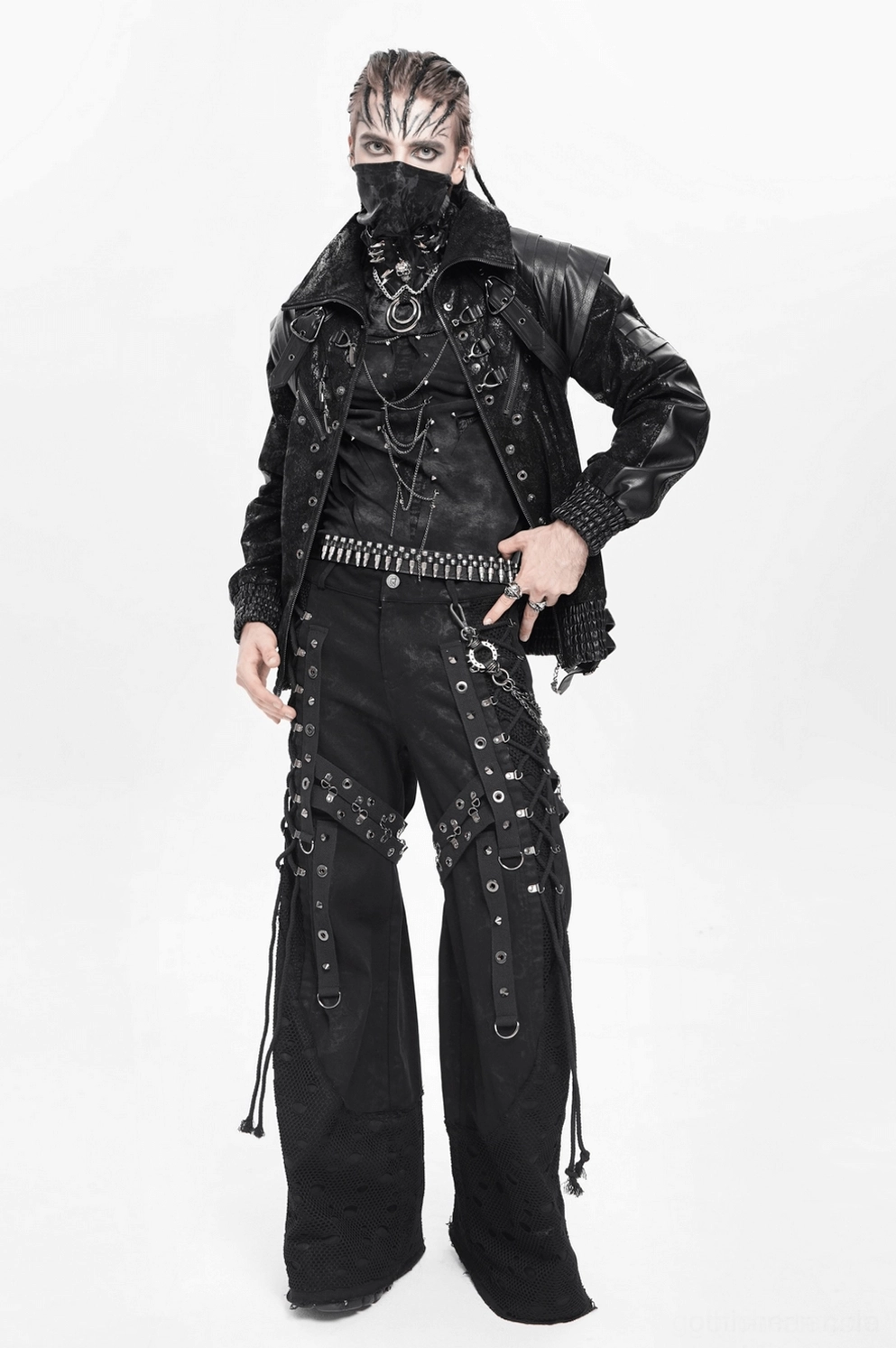 Schwarze Gothic Punk Hose Unterschenkel mit Mesh-Bündchen-Design und industrieller Ästhetik-Konstruktion