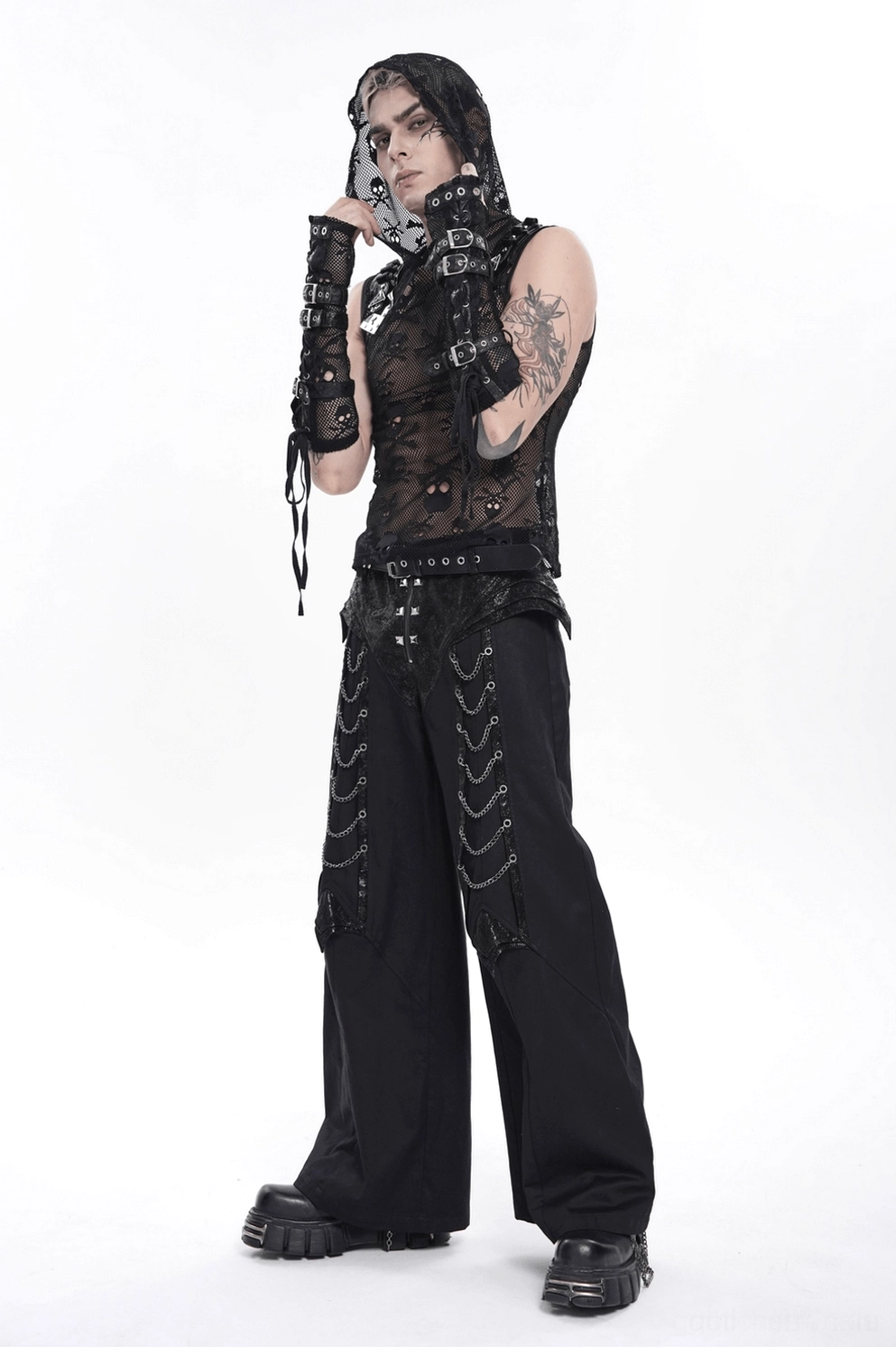 Schwarze Gothic Punk Schlaghose mit Reißverschluss-Blende und strukturiertem Nieten-Bund - Detailaufnahme