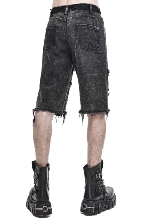 Rückansicht von schwarzen Gothic-Punk Denim Shorts mit säuregewaschener Oberfläche ausgefranstem Saum und dualen hinteren Taschen mit Metallknopf-Details