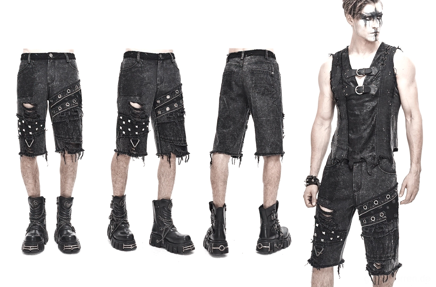 Vollständige Produktfotografie von schwarzen Denim Gothic-Punk Shorts mit allen dekorativen Nieten Ösen-Details und Distressed Design sichtbar