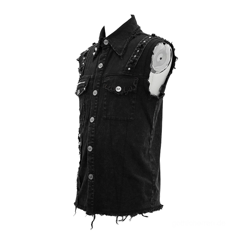 Rechte Seite schwarze Gothic-Punk-Denim-Weste mit Metallknöpfe, doppelte Brusttaschen, roher Fransen-Hemline, Industrial Aesthetic