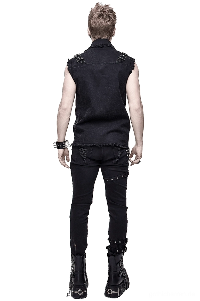 Rückansicht schwarze Gothic-Denim-Punk-Weste mit gestuften Schultergurten, Pyramidennieten und rohem Fransen-Saum, Alternative Mode