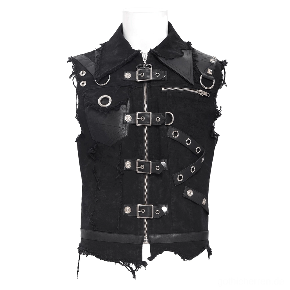 Schwarze Gothic Reißverschluss Weste Mannequin Frontansicht mehrere Buckles ausgefranste Kanten Details