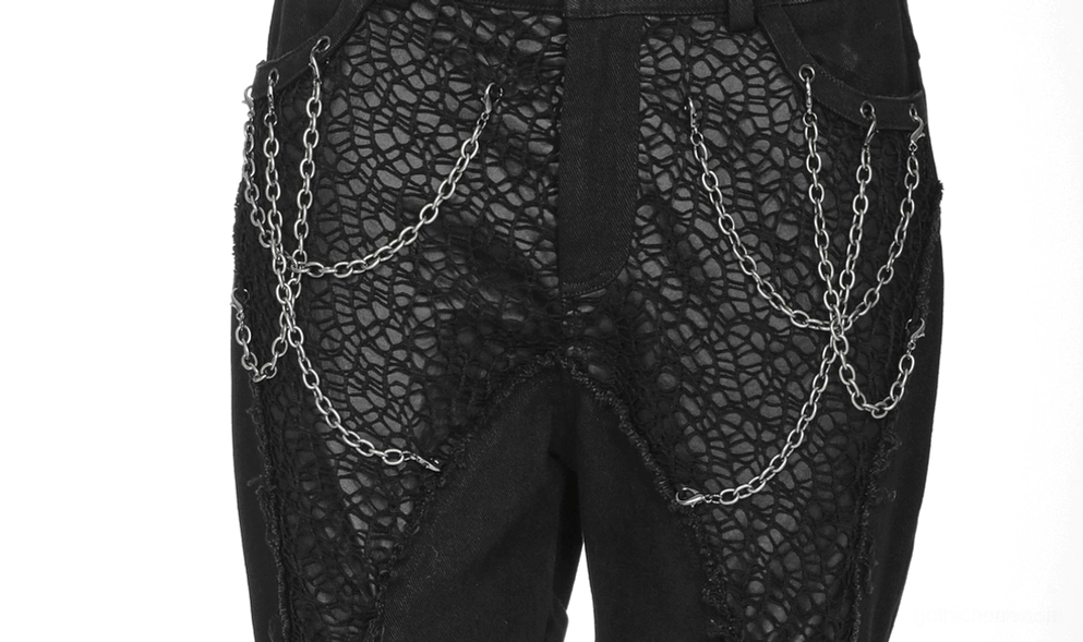 Schwarze Gothic Röhrenhose mit Fokus auf die Funktion der abnehmbaren Metallkette und verstellbaren Schleifen am Taillenbund und Kniebereich