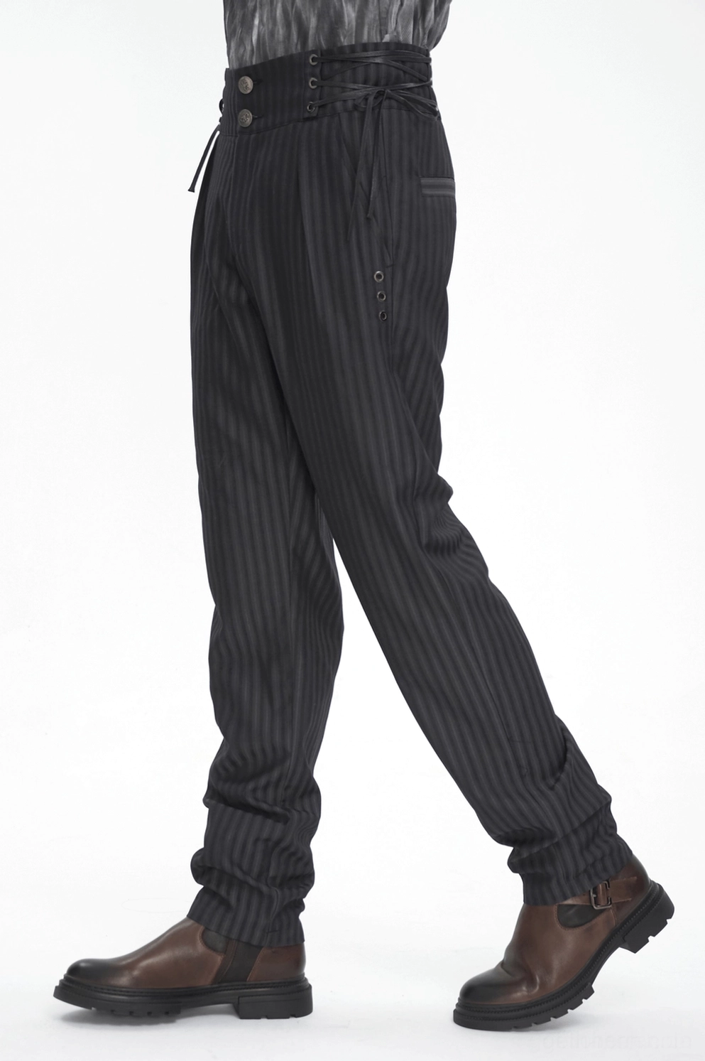 Alternative Winkel schwarze Pinstripe Hochbund Gothic Röhrenhose mit tailierter Silhouette Edge Details