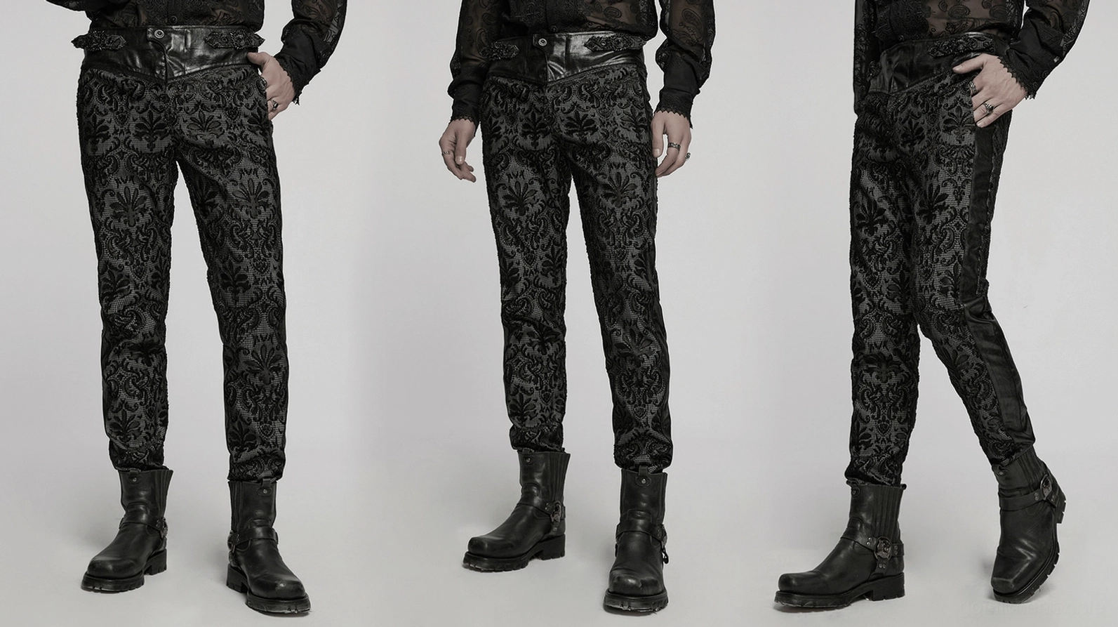 Detailaufnahme der verjüngten Beinform der schwarzen Gothic-Spitzenhose mit aufwendigem Damast-Spitzenmuster-Detail aus Seitenperspektive