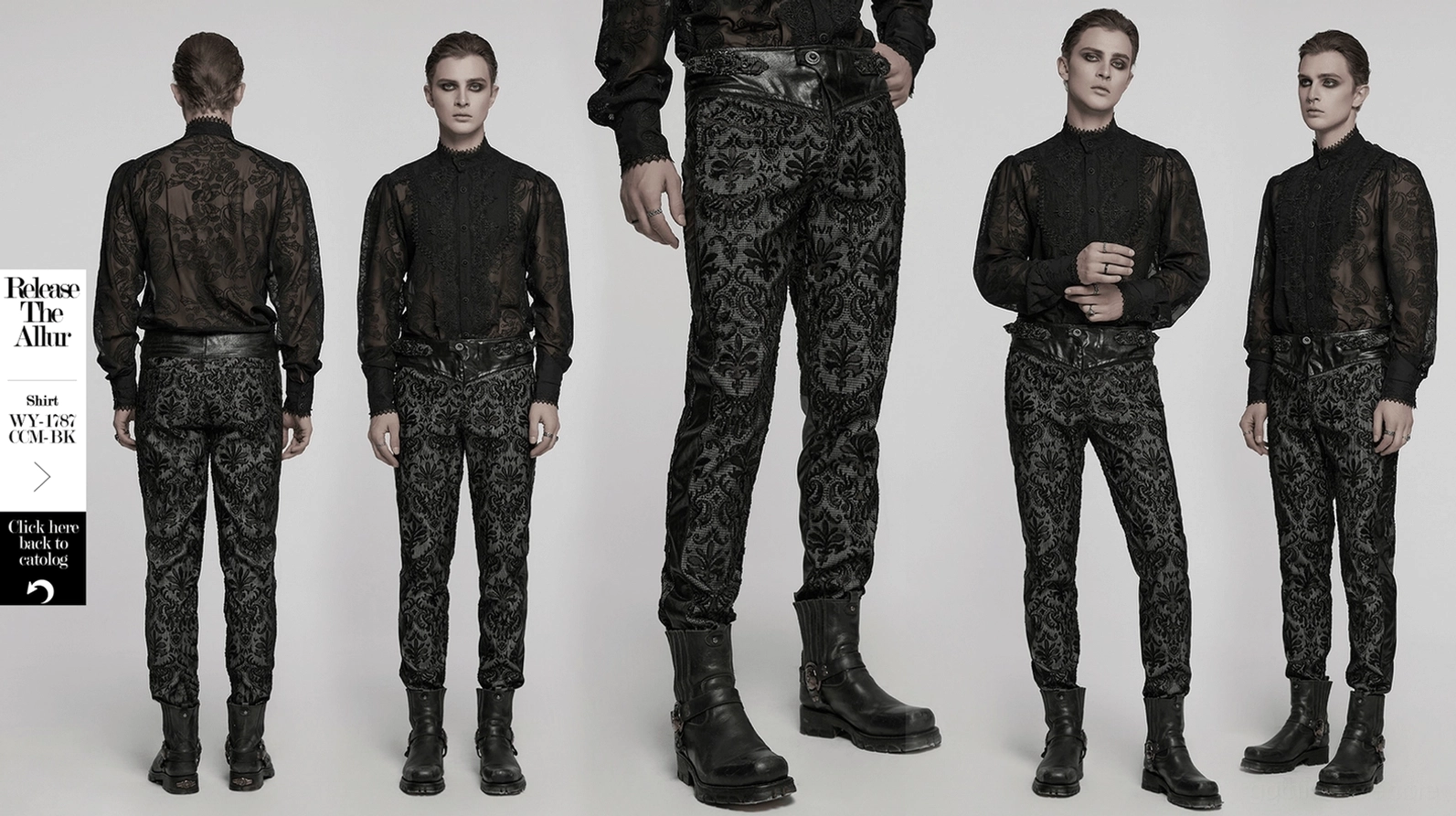 Produktabbildung der schwarzen Gothic gestickten Slim-Fit Spitzenhose mit Damast-Spitzenmuster und schwarzem Farbton, zeigt alle Design-Elemente