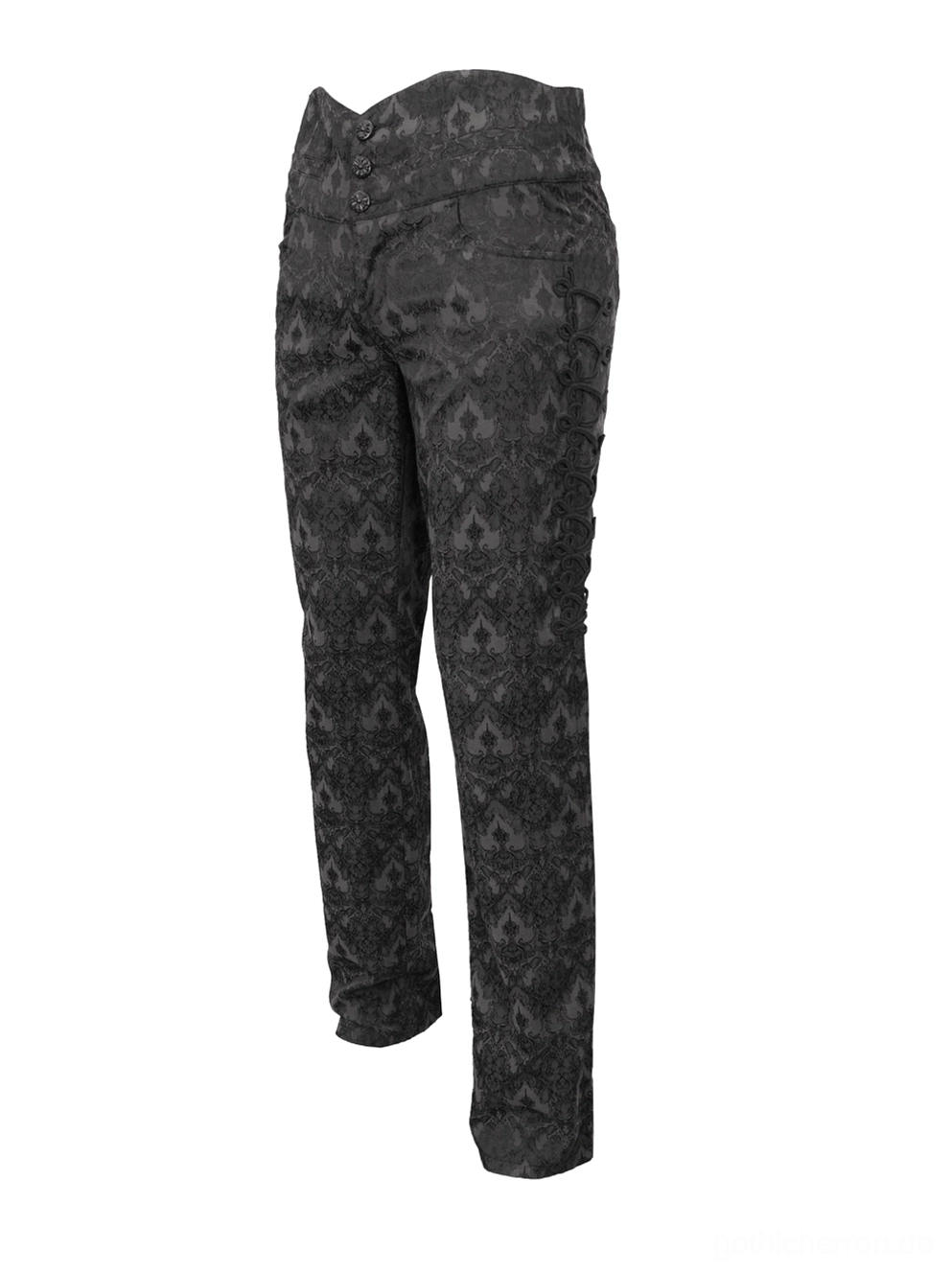 Schwarze Damast-Jacquard Gothic Röhrenhose in Dreiviertel-Frontansicht, hochgeschnittener Schnitt mit klassischem Taschenschnitt, Damast-Webmuster detailliert sichtbar, gerade Beinform