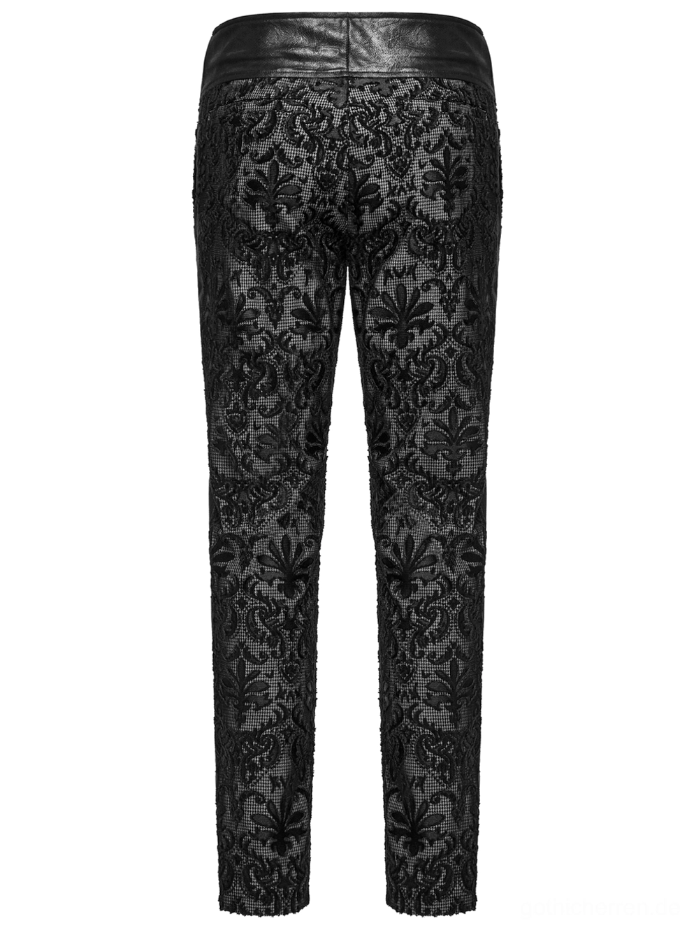 Rückseite-Flachlage der Gothic gestickten Spitzenhose mit aufwendigem Damast-Spitzenmuster und dekorativem Leder-Taillen-Panel, zeigt volle Rückseiten-Details