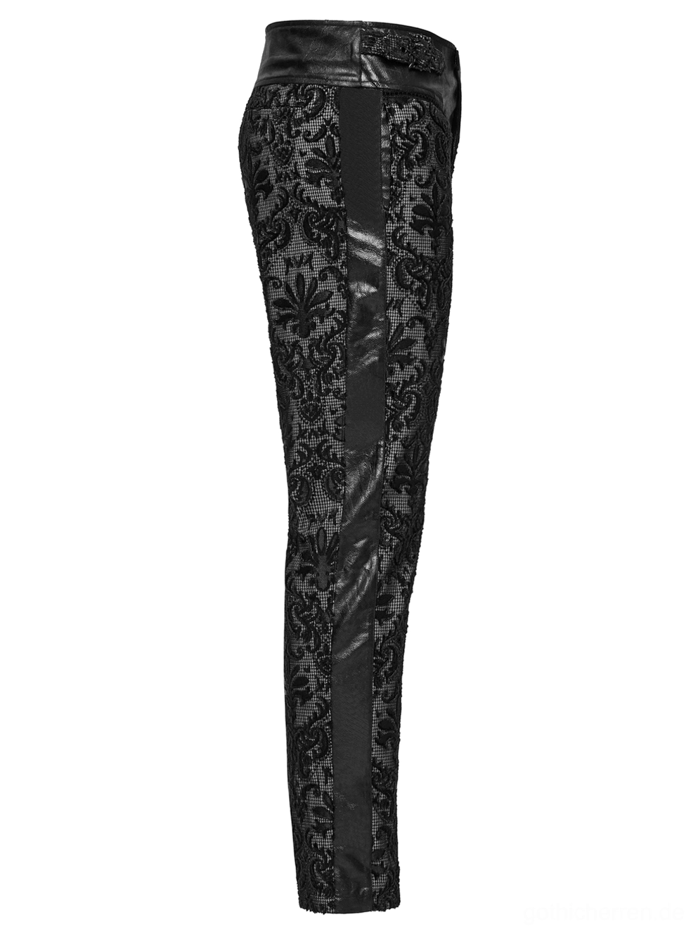 Seitenansicht-Flachlage der Gothic Slim-Fit Spitzenhose mit Leder-Seiten-Streifen-Detail und verjüngtem Bein-Design, zeigt strukturiertes Material-Layering