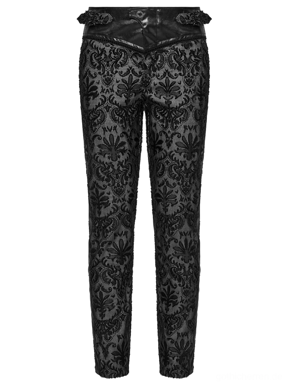 Vorderseite-Flachlage der schwarzen Gothic-Spitzenhose mit aufwendiger floraler Stickerei und Ledertaille-Yoke, zeigt volständige Damast-Lace-Abdeckung