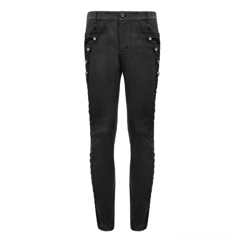 Schwarze Gothic Röhrenhose mit Metallknopf und Spitzenseitenpaneele, vordere Flachlage-Produktfotografie, Jacquard-Webmuster mit Metallknöpfen und dekorativen Spitzentrimverzierungen
