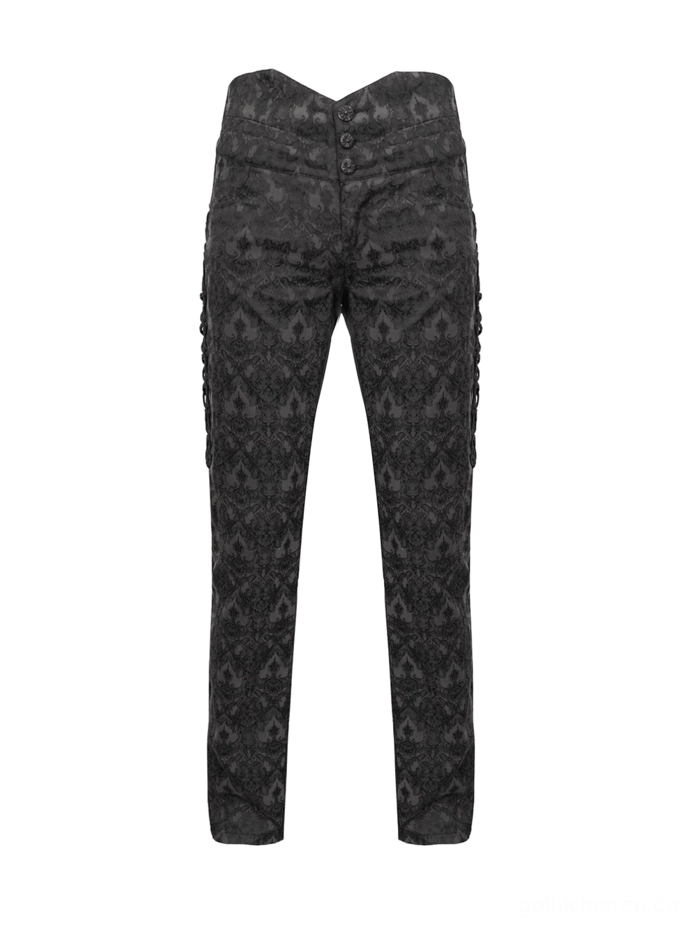 Schwarze Jacquard Gothic Röhrenhose in Flatlay-Frontansicht mit herzförmiger Taille, Knopfverschluss und gerade Beinform, detaillierte Damast-Webstruktur, Leichtgewicht-Material