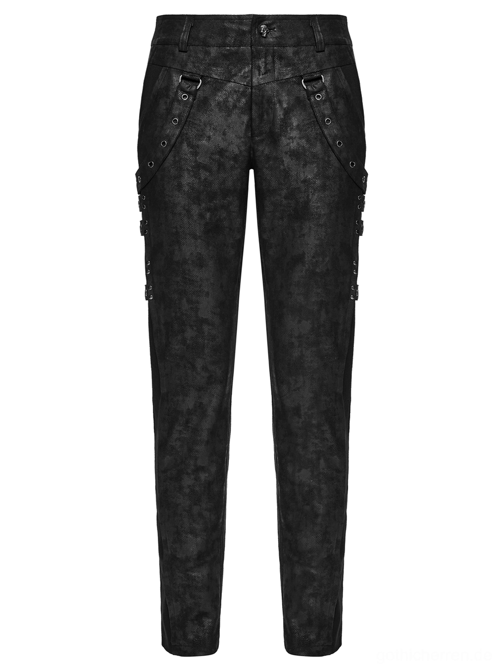 Schwarze distressed Gothic Slim-Fit Röhrenhose Flatlay Rückansicht mit Metall-Ösen und Gesäßtaschen Details