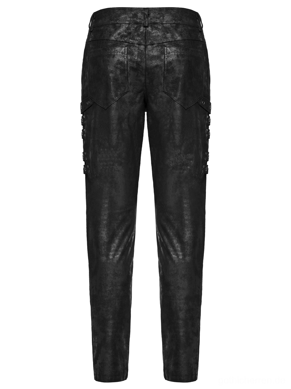 Schwarze distressed Gothic Slim-Fit Röhrenhose Flatlay Rückansicht mit klassischen Gesäßtaschen und schlankem Schnitt