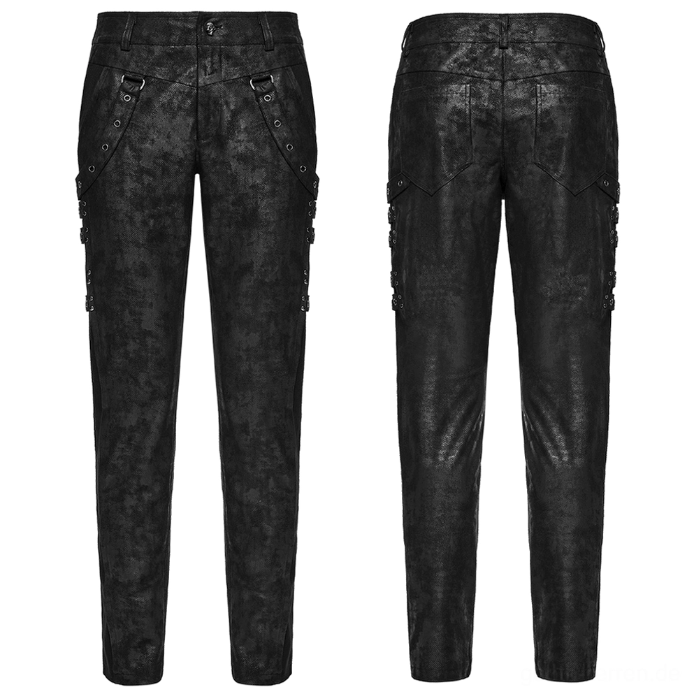 Schwarze distressed Gothic Slim-Fit Röhrenhose Flatlays Vorderansicht mit Metall-Ösen-Straps und Taschen