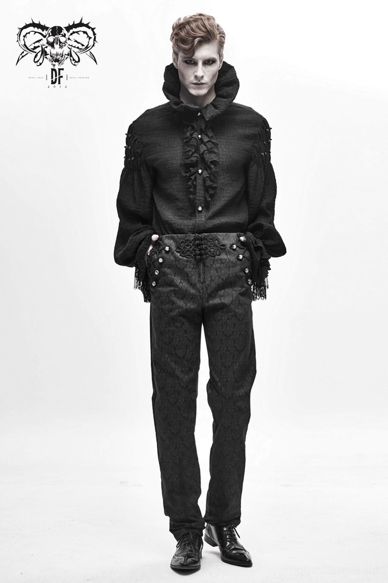 Schwarze Gothic Vintage Jacquard Röhrenhose Gesamt-Produktdetail mit Betonung der ornamentalen Silberknöpfe und verfeinerten Schneiderei-Handwerksqualität auf reinem weißem Hintergrund