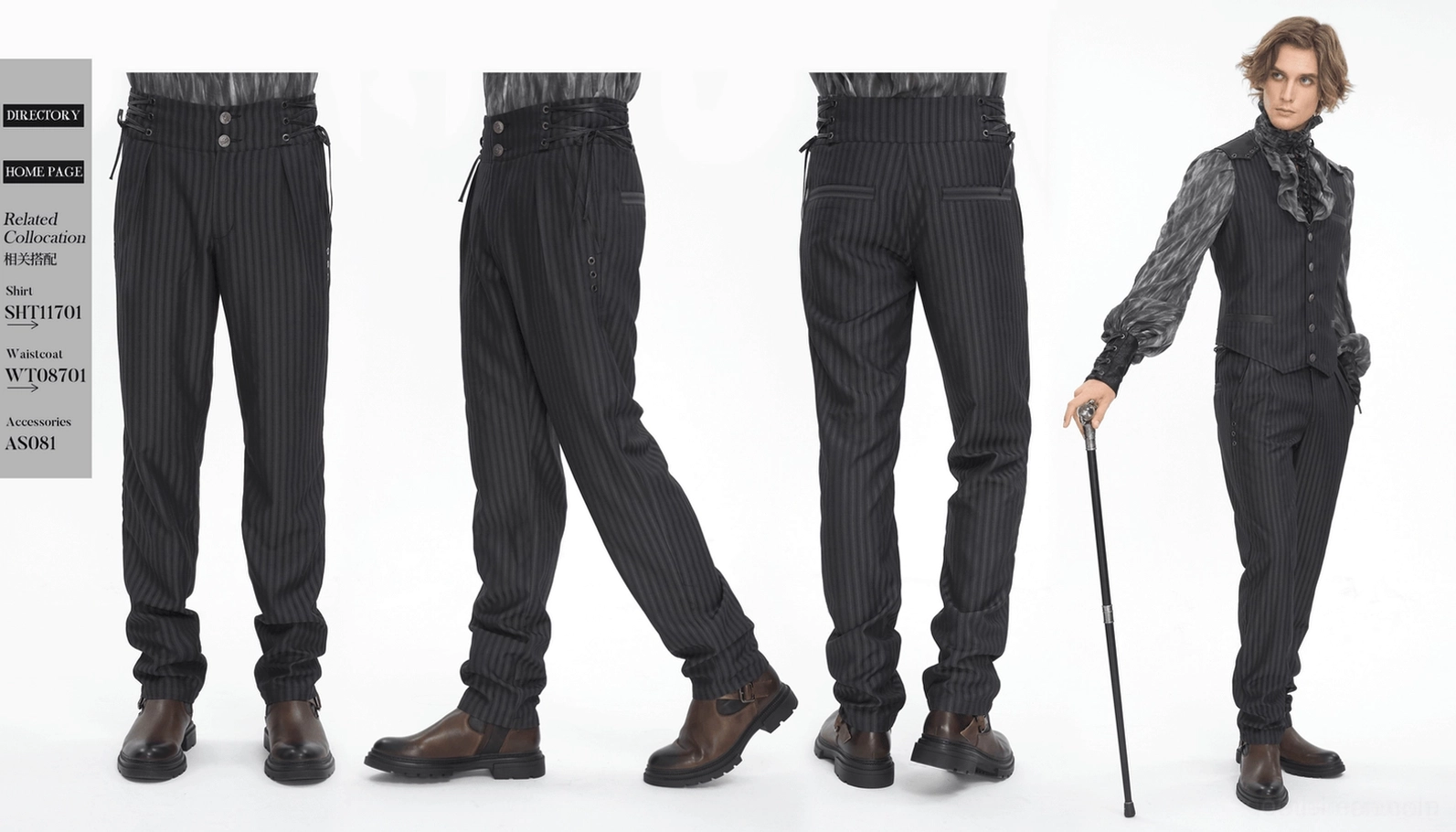 Vollständige Produktpräsentation schwarze Pinstripe Hochbund Gothic Röhrenhose alle Designmerkmale