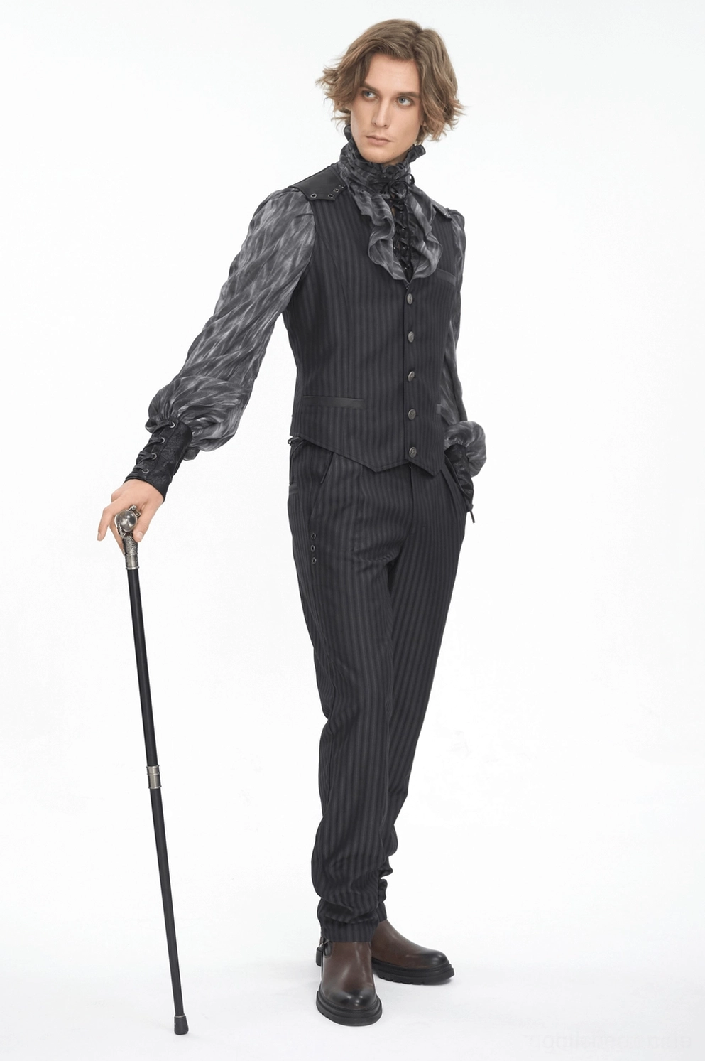 Innennaht Beinöffnung Messung Referenz schwarze Pinstripe Gothic Slim-Fit Röhrenhose Größenangabe