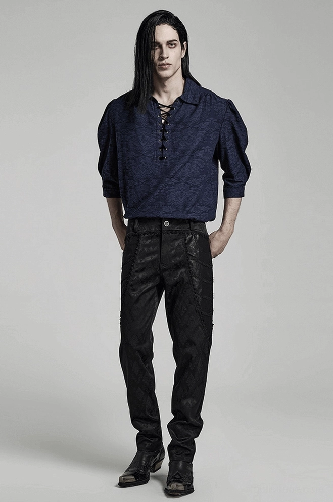 Schwarze Gothic-Röhrenhose mit Jacquard-Damast und Spitzenborten symmetrisches Damastmuster Detailansicht zeigt kunstvoll durchgehende Gewebebildung