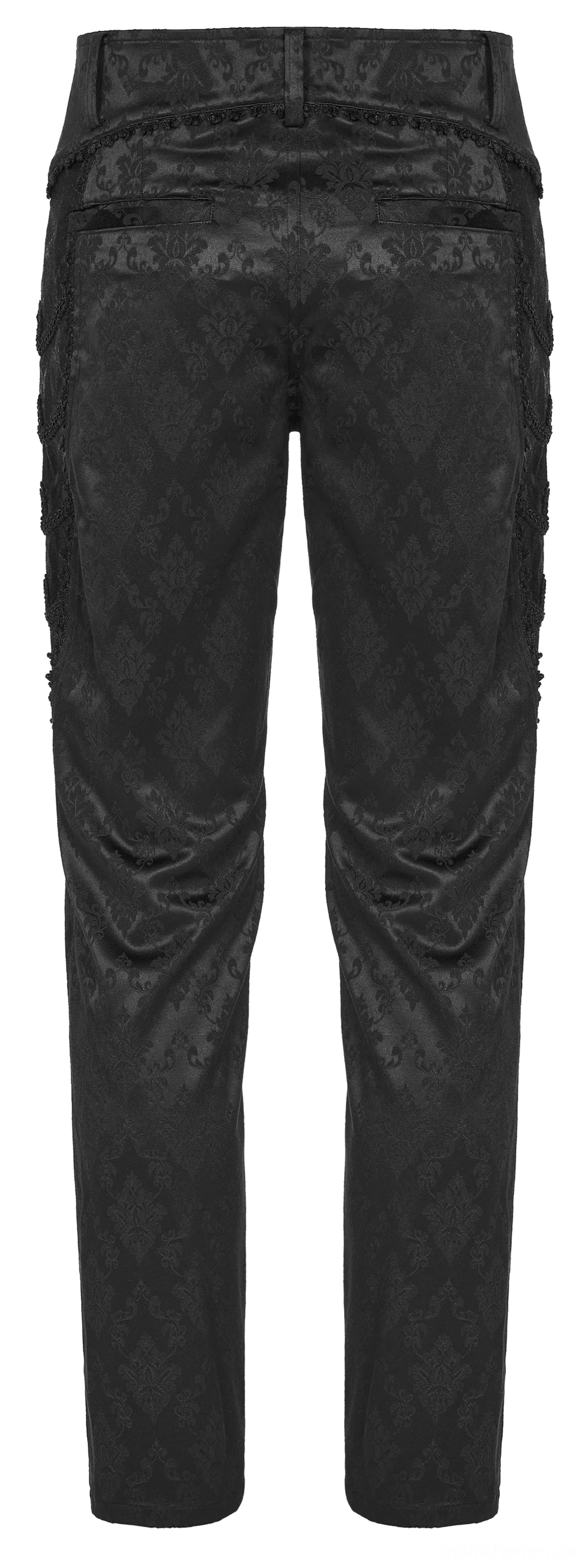 Schwarze Gothic-Röhrenhose mit Jacquard-Damast und Spitzenborten hochsitzende Schnitt Detail zeigt elegante Bund-Konstruktion und seitliche Spitzenborten