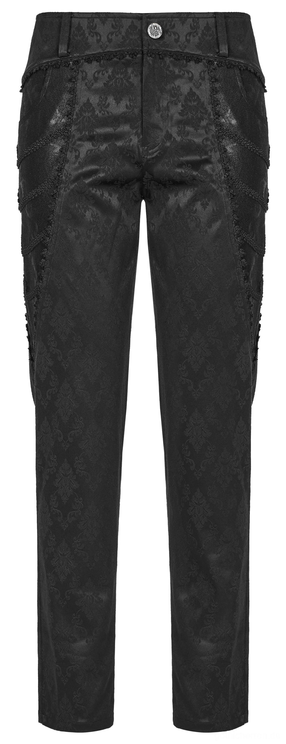 Schwarze Gothic-Röhrenhose mit Jacquard-Damast und Spitzenborten Rückansicht Flat-Lay zeigt tailierte Gesäßtaschen und Gesamtmuster