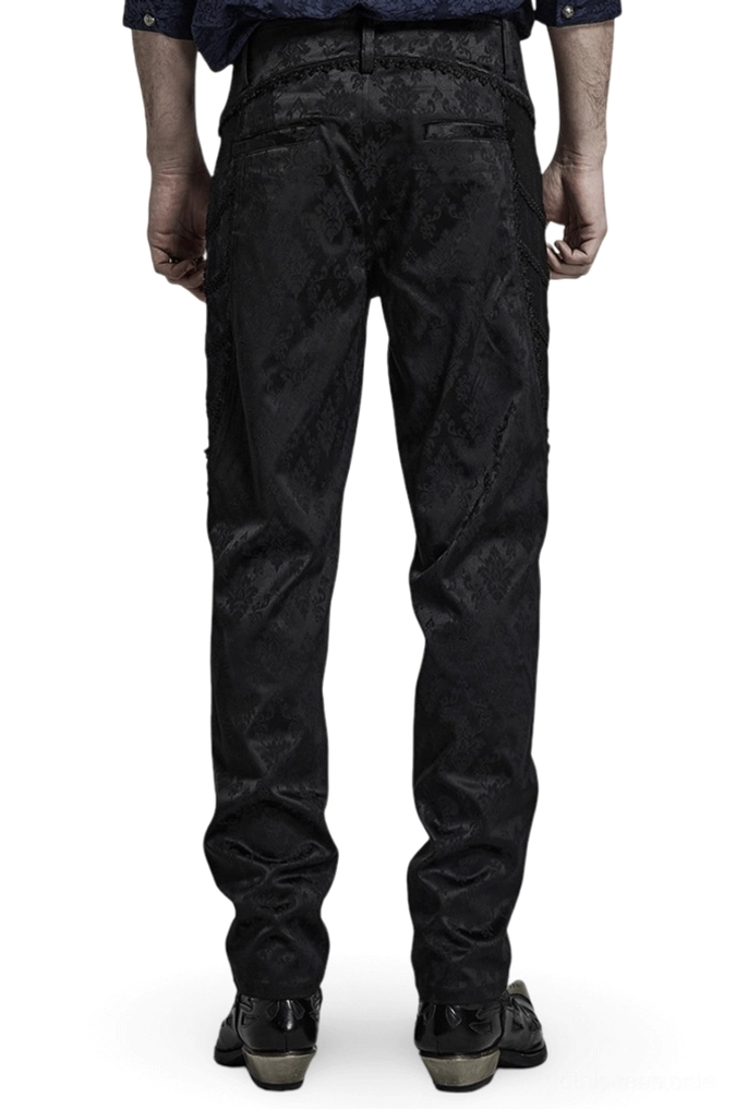 Schwarze Gothic-Röhrenhose mit Jacquard-Damast und Spitzenborten Rückansicht getragen zeigt tailierte Rückseite und elegant verjüngte Beines