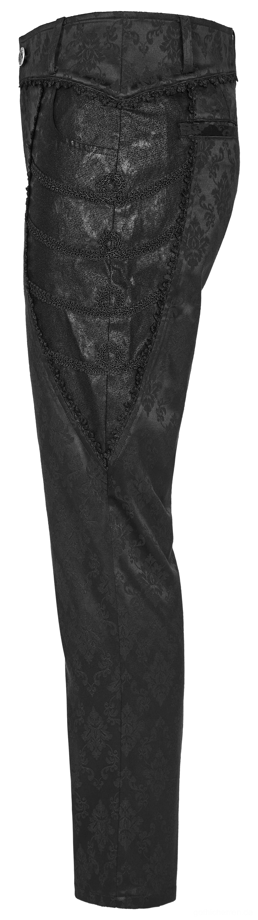 Schwarze Gothic-Röhrenhose mit Jacquard-Damast und Spitzenborten Seitenprofil zeigt durchgehend elegantes Damastmuster und verjüngte Beines