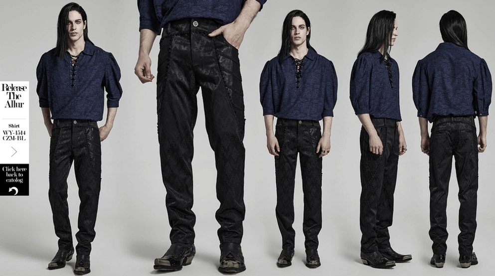 Schwarze Gothic-Röhrenhose mit Jacquard-Damast und Spitzenborten Produktansicht Studio zeigt vollständige Hose in professioneller Beleuchtung