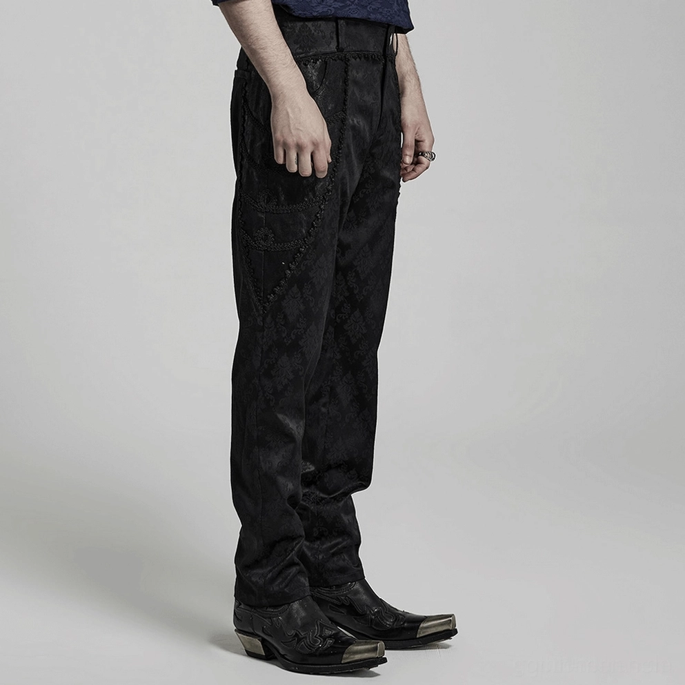 Schwarze Gothic-Röhrenhose mit Jacquard-Damast und Spitzenborten verjüngte Beinlinie Detail zeigt elegante Silhouette und Tapered-Schnitt