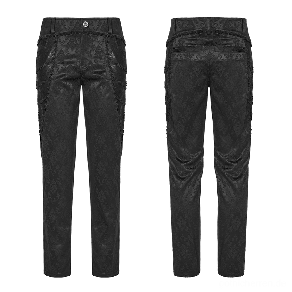 Schwarze Gothic-Röhrenhose mit Jacquard-Damast und Spitzenborten Vorderansicht Flat-Lay zeigt symmetrisches Damastmuster und Spitzenborten-Details