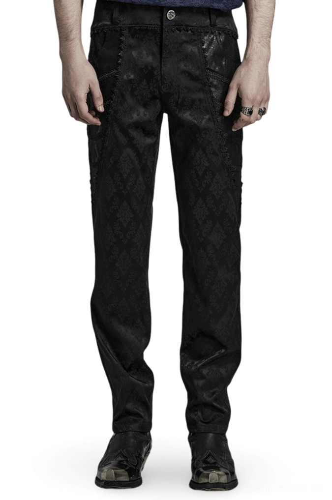 Schwarze Gothic-Röhrenhose mit Jacquard-Damast und Spitzenborten Vorderansicht getragen von männlichem Model mit dunklem atmosphärischem Styling