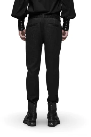 Schwarze gotische Jacquard Slim-Fit Röhrenhose Rückansicht, zeigt Tasche mit roten Details und schmalen tapezierten Saum