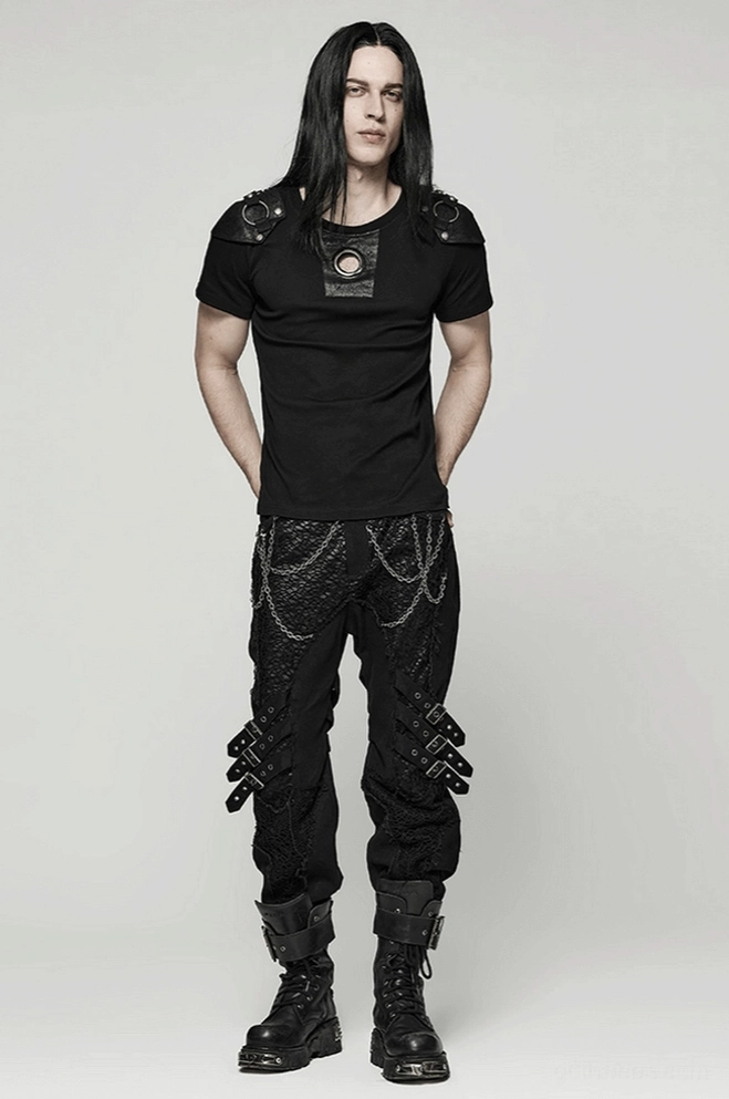 Schwarze Gothic Slim-Fit Röhrenhose mit abstraktem knochenhaftem Segmentierungsmuster und mehrschichtigem Designdetail für visuelle Tiefenwirkung