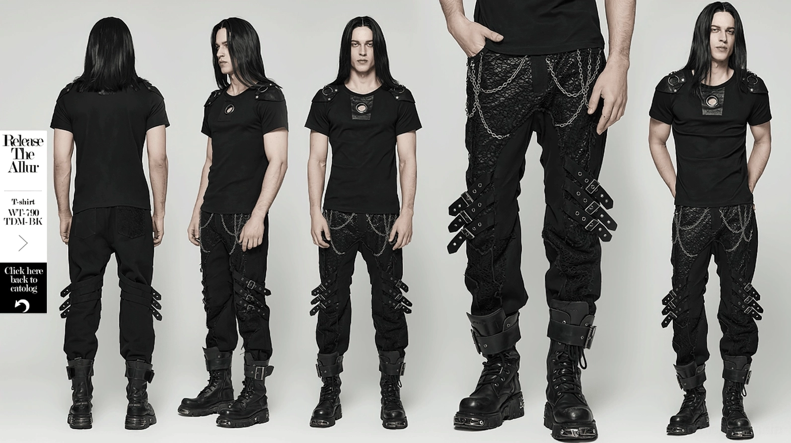 Schwarze Gothic Slim-Fit Röhrenhose vollständige Outfit-Präsentation mit abnehmbarer Metallkette, Schnallenverzierungen, Mesh-Spitzeneinsätzen und Band-Shirt-Styling