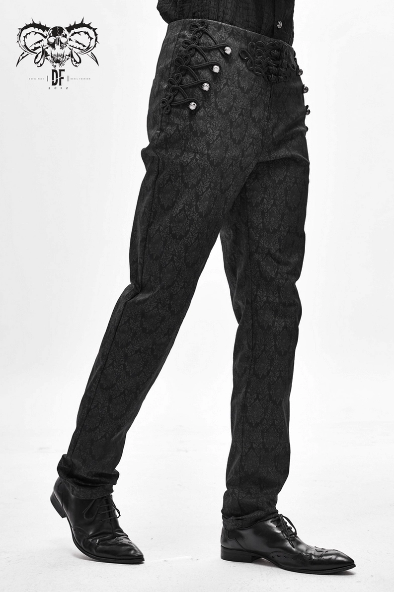 Schwarze Gothic Vintage Jacquard Röhrenhose Gesamtkonstruktions-Detailaufnahme, zeigt Naht-Verarbeitung, Nähte und die charakteristische fitted High-Waist-Silhouette auf weißem Untergrund