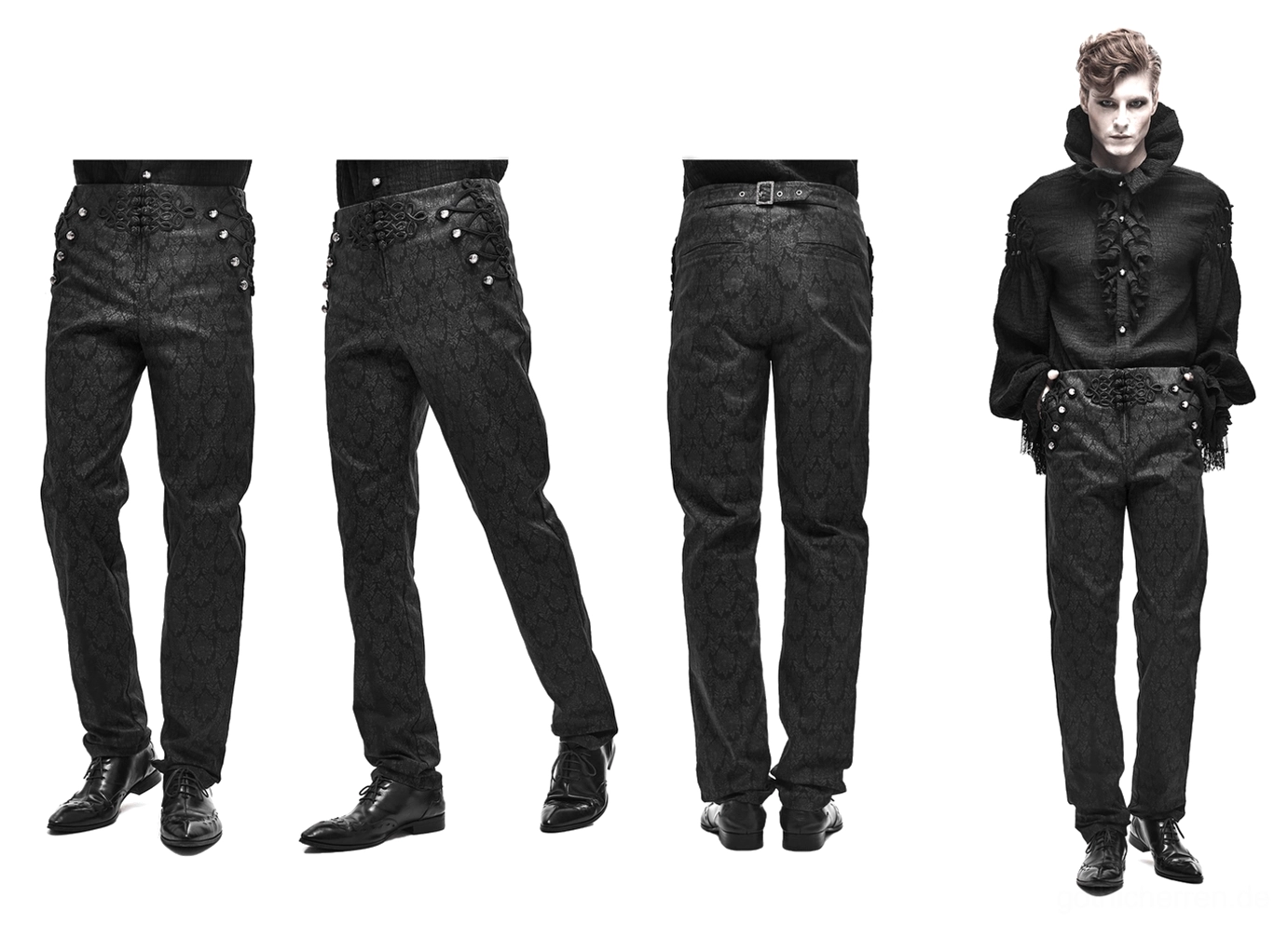 Schwarze Gothic Vintage Jacquard Röhrenhose Lifestyle-Produktfoto auf männlichem Model, zeigt vollständige Garmentpassform, eleganten Fall und authentische Trageweise im gotischen Stil