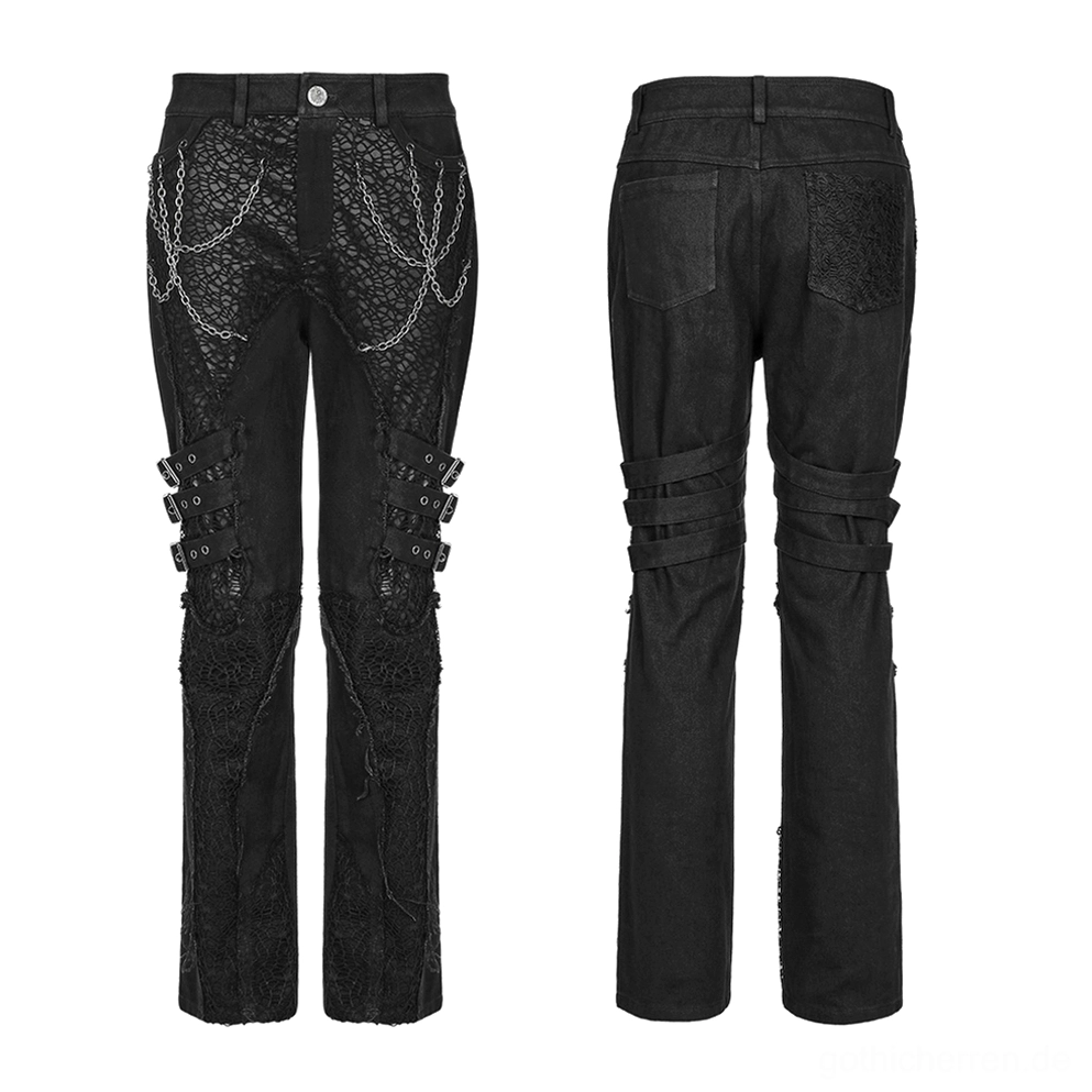 Schwarze Gothic Slim-Fit Röhrenhose mit abnehmbarer Metallkette, Schnallenverzierungen und bestickten Spitzeneinsätzen, Vorderansicht Flachlage auf weißem Hintergrund
