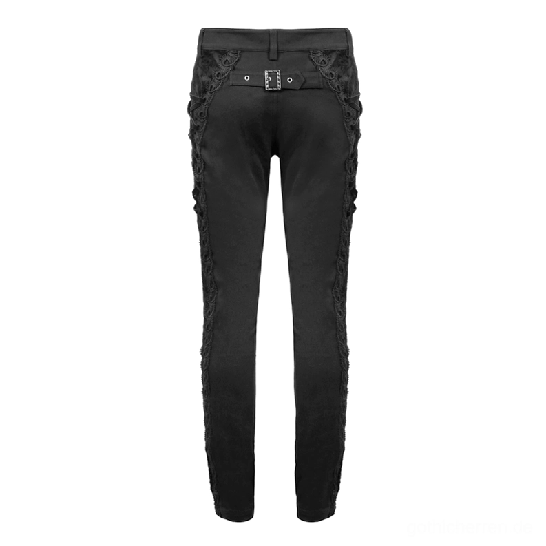 Schwarze Gothic Röhrenhose mit Metallschnalle und Spitzentrim, hintere Flachlage-Produktfotografie, Rückseite mit Metallschnallenverschluss und durchgehenden Seitenlace-Details und tailierter Slim-Fit-Form