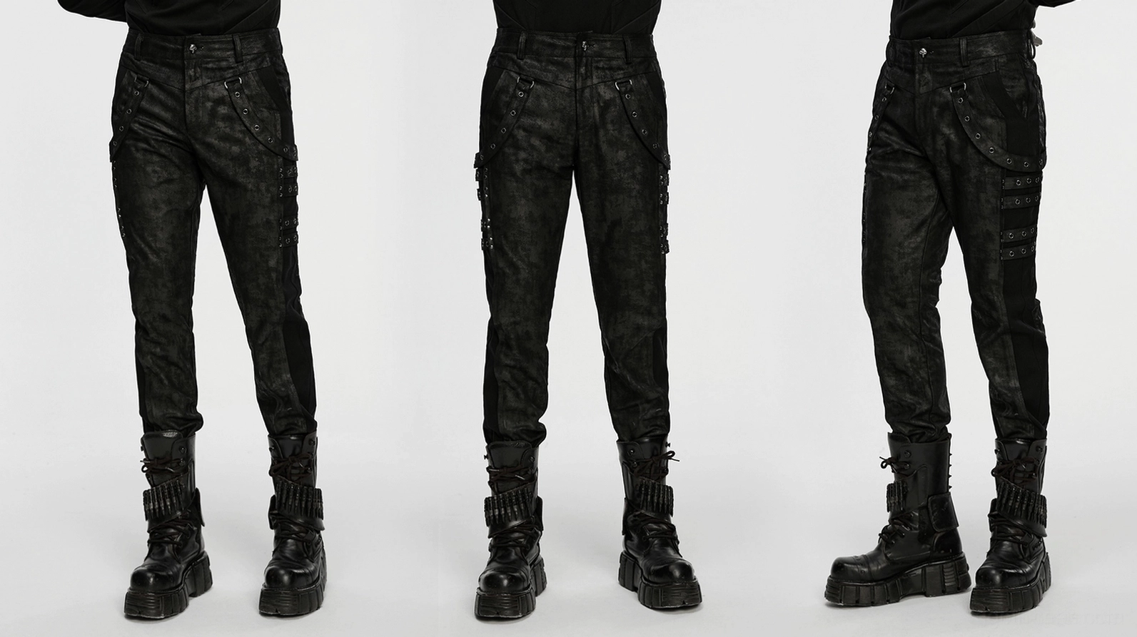 Schwarze distressed Gothic Slim-Fit Röhrenhose Tragedemonstration zeigt Passform und industrielles Aesthetic auf Modell